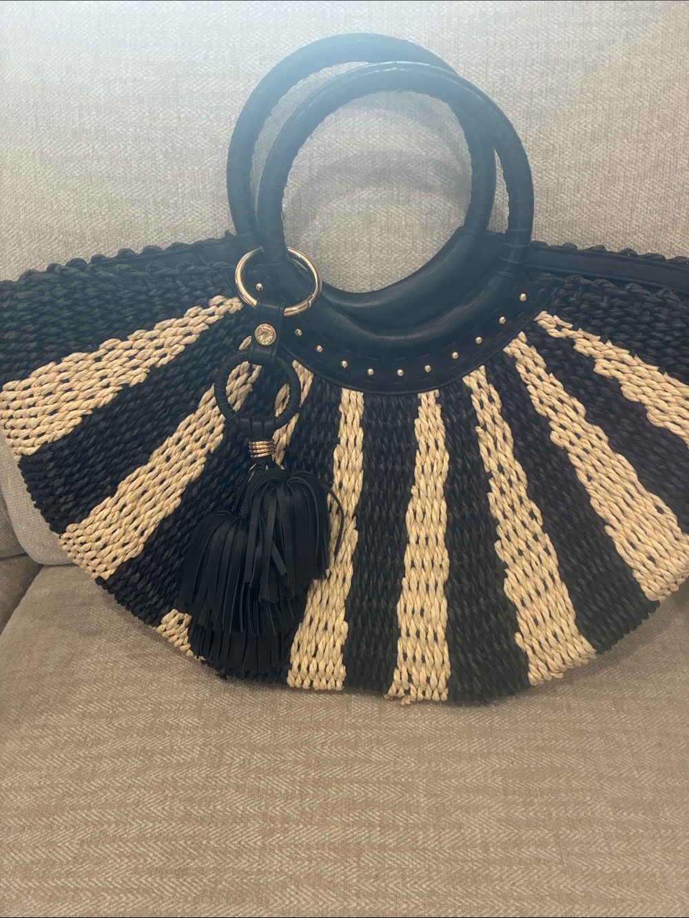 Black and Natural Straw Circle-Handle Tote Bag